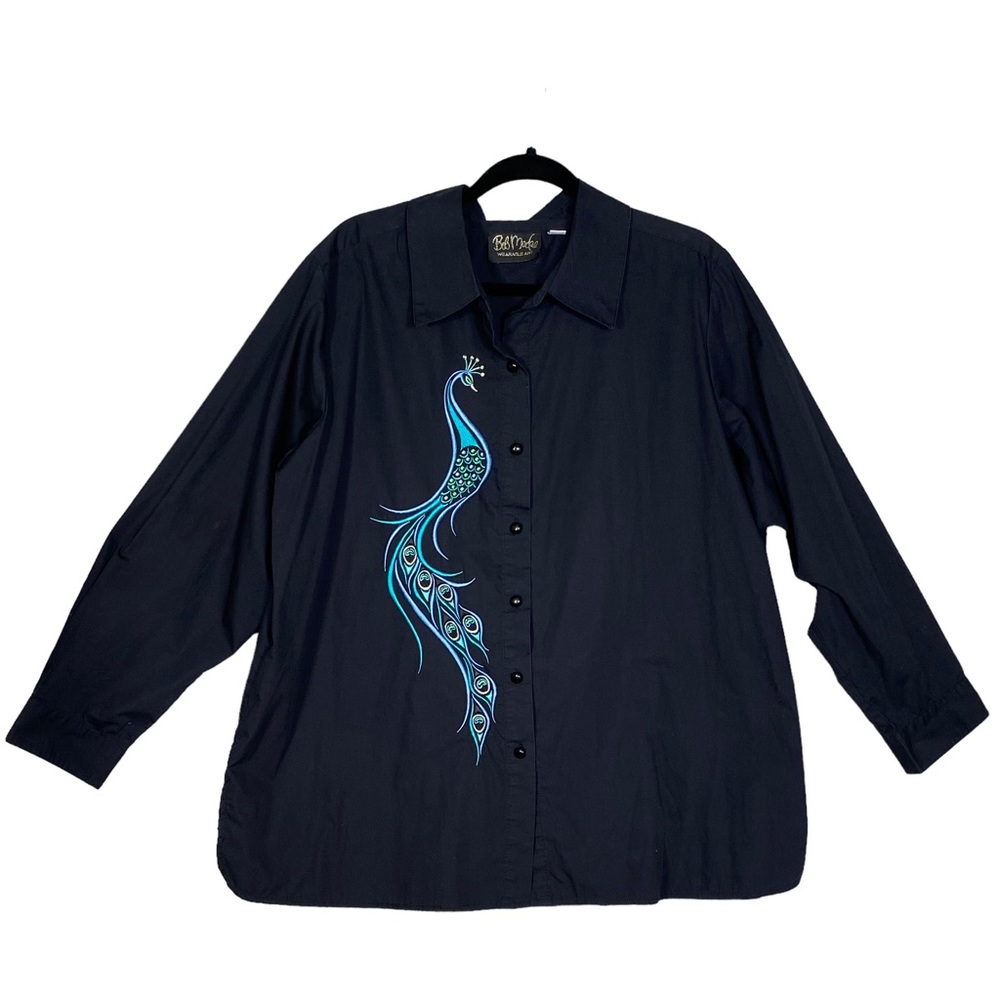 Bob Mackie Wearable Art Shirt Button Up Black W/ Peacock Embroidery Size 1X